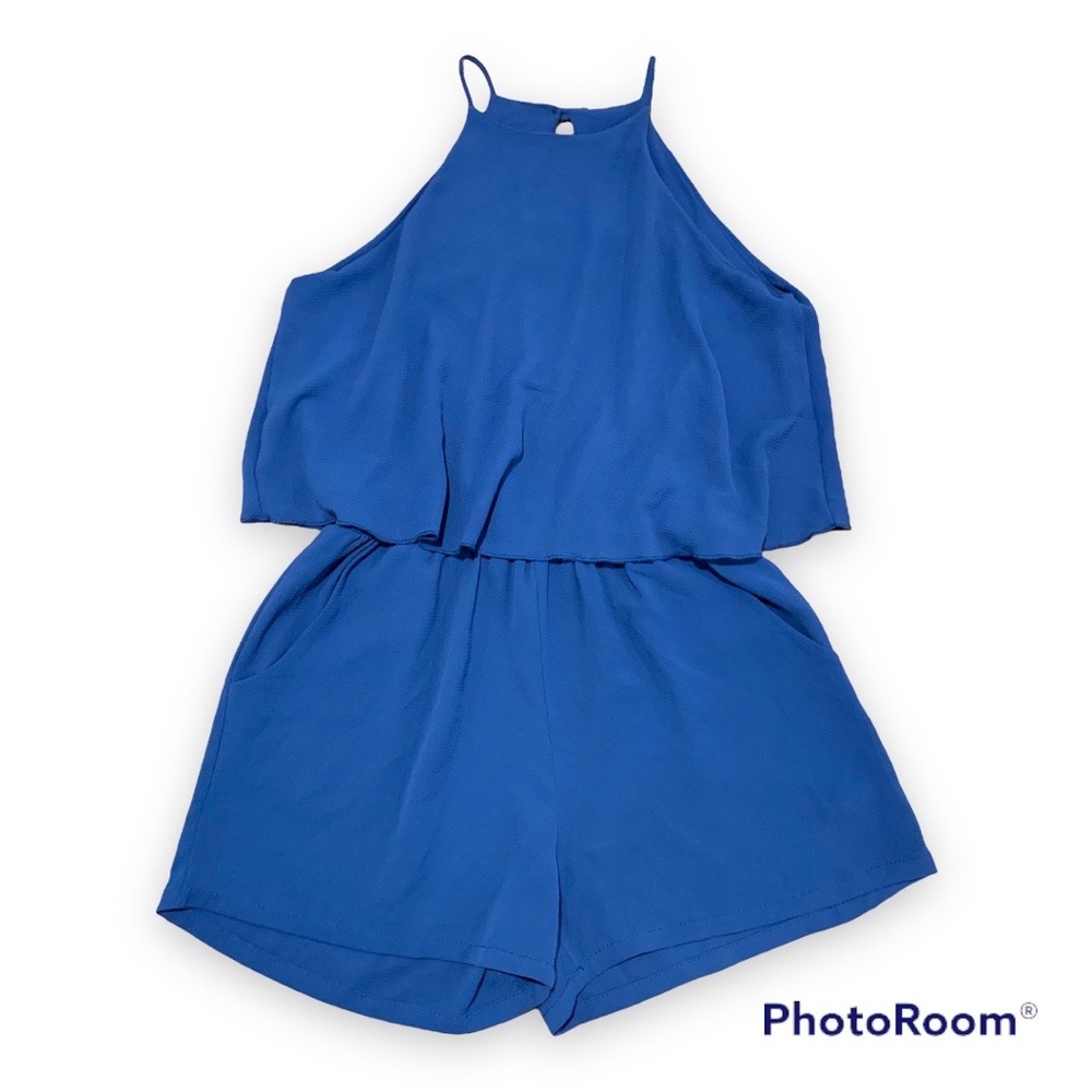✨ Blue Sleeveless Romper with Flowy Top and Pocket